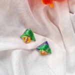 Hand-Painted Floral Bud Stud Earrings: Green & Purple Artisan Clay Jewelry