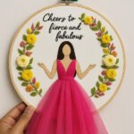 "Cheers to Fierce and Fabulous" 3D Embroidery Hoop Art - Girl in Pink Tulle Dress - Image 2