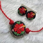 Hand-Embroidered Red Hibiscus Flower Choker & Earrings Set Description