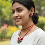 Hand-Embroidered Red Hibiscus Flower Choker & Earrings Set Description - Image 4