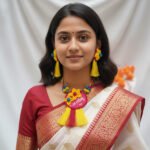 Festive Yellow & Pink Fabric Flower 'Agomoni' Jewellery Set | Statement Necklace & Earrings - Image 2