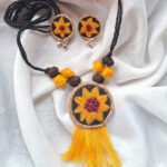 Hand Embroidered Sunflower Jute Necklace and Earrings Set with Tassels