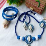 Bohemian Blue Fabric & Cowrie Shell Jewellery Set - Handcrafted Necklace, Earrings, and Bangles