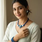 Bohemian Blue Fabric & Cowrie Shell Jewellery Set - Handcrafted Necklace, Earrings, and Bangles - Image 2