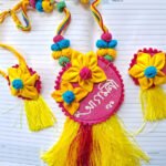 Festive Yellow & Pink Fabric Flower 'Agomoni' Jewellery Set | Statement Necklace & Earrings