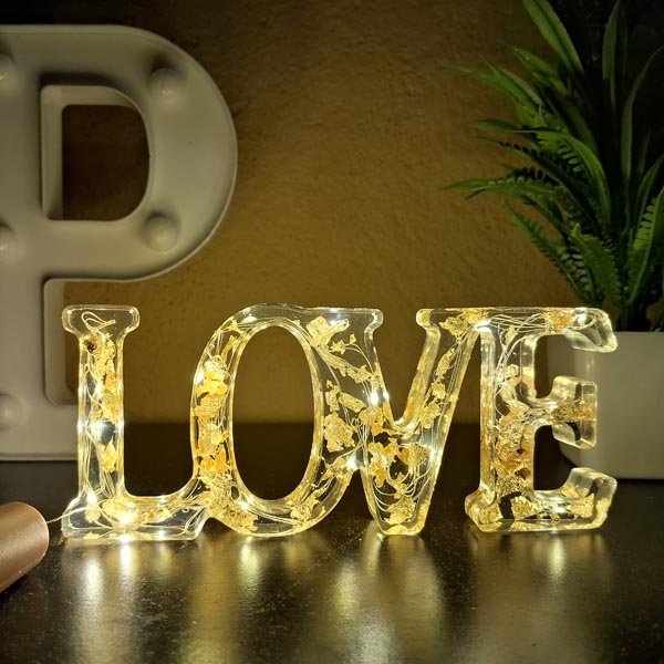 Handcrafted Clear Resin LOVE Sign with Embedded Fairy Lights & Gold Foil