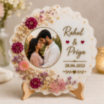 Personalized Scalloped Resin Photo Frame with Dried Flowers | Custom Couple Photo, Name & Date Keepsake | Handmade Anniversary & Wedding Gift