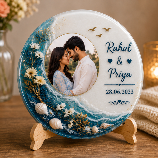 Personalized Ocean Wave Resin Photo Frame | Custom Couple Photo, Names & Date | Handmade Beach-Themed Anniversary & Wedding Gift