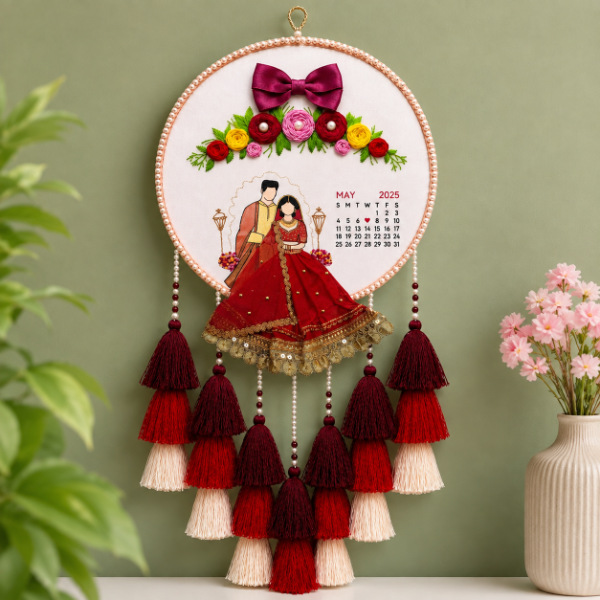 Personalized Handmade Wedding Couple Embroidery Hoop Wall Hanging with Calendar & Tassels | Wedding Anniversary & Couple Gift